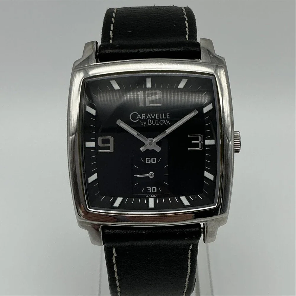 Caravelle By Bulova Mens Square Watch 36mm Black Dial Black Leather New Battery